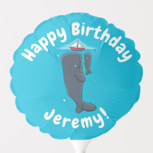 Cute whales and sailing boat cartoon illustration balloon