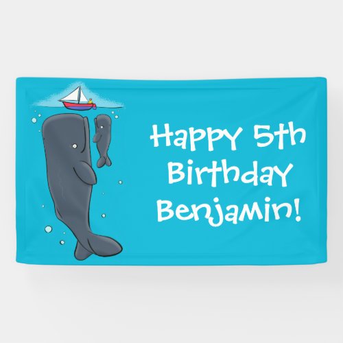 Cute whales and sailing boat cartoon illustration banner