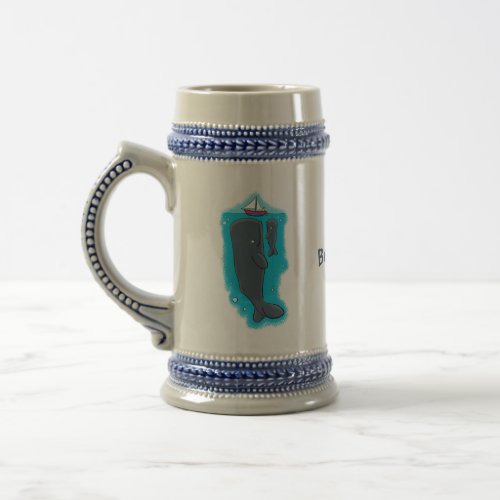 Cute whales and sailing boat cartoon illustration beer stein