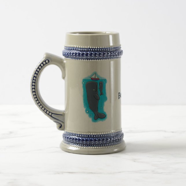 Cute whales and sailing boat cartoon illustration beer stein (Left)