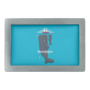 Cute whales and sailing boat cartoon illustration belt buckle