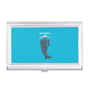 Cute whales and sailing boat cartoon illustration business card case