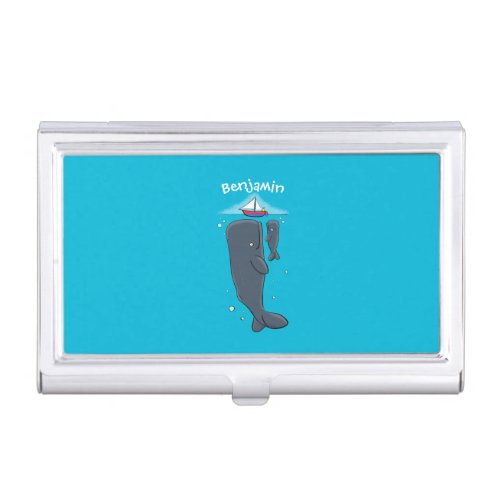 Cute whales and sailing boat cartoon illustration business card case