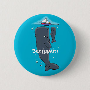 Cute whales and sailing boat cartoon illustration button