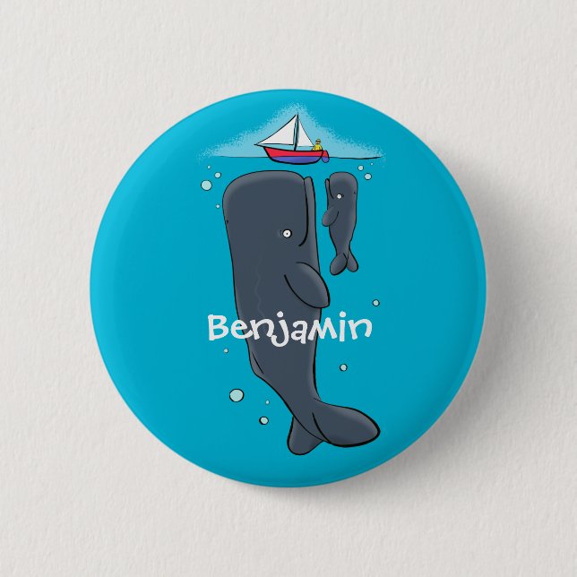 Cute whales and sailing boat cartoon illustration button (Front)