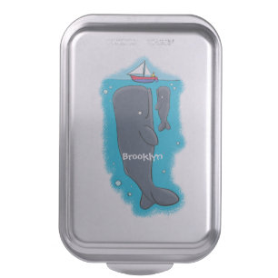Cute whales and sailing boat cartoon illustration cake pan