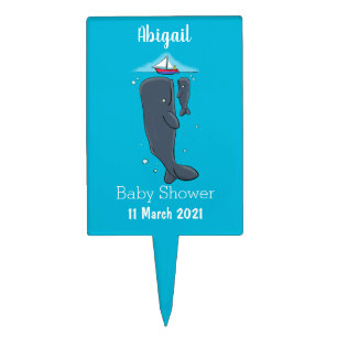 Cute whales and sailing boat cartoon illustration cake topper