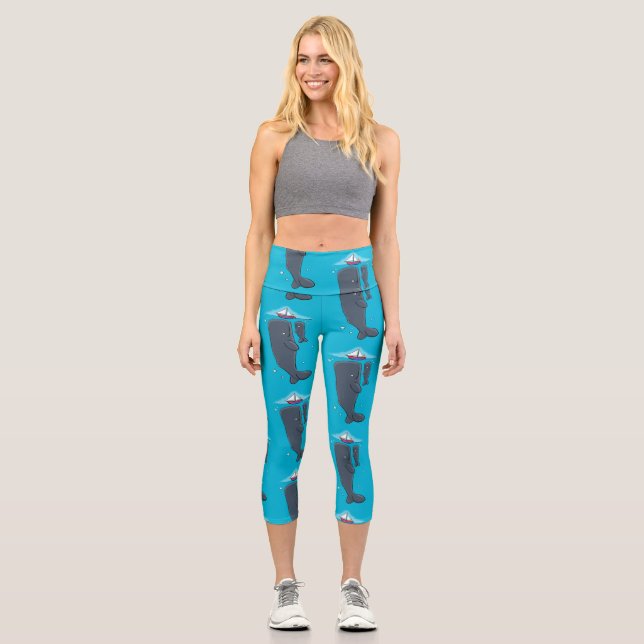 Cute whales and sailing boat cartoon illustration capri leggings (Front)