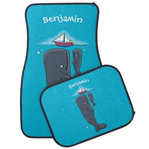 Cute whales and sailing boat cartoon illustration car floor mat