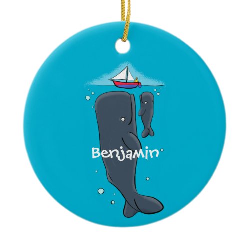 Cute whales and sailing boat cartoon illustration ceramic ornament
