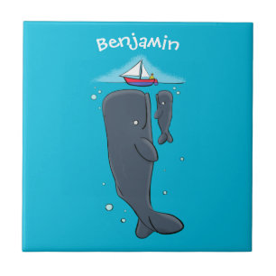 Cute whales and sailing boat cartoon illustration ceramic tile