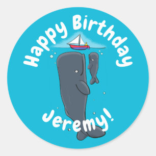 Cute whales and sailing boat cartoon illustration classic round sticker