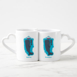 Cute whales and sailing boat cartoon illustration coffee mug set