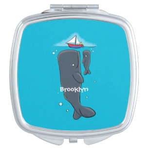 Cute whales and sailing boat cartoon illustration compact mirror