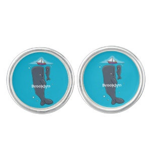 Cute whales and sailing boat cartoon illustration cufflinks