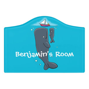 Cute whales and sailing boat cartoon illustration door sign