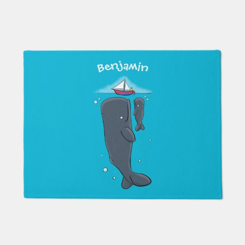 Cute whales and sailing boat cartoon illustration doormat
