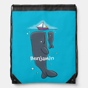 Cute whales and sailing boat cartoon illustration drawstring bag