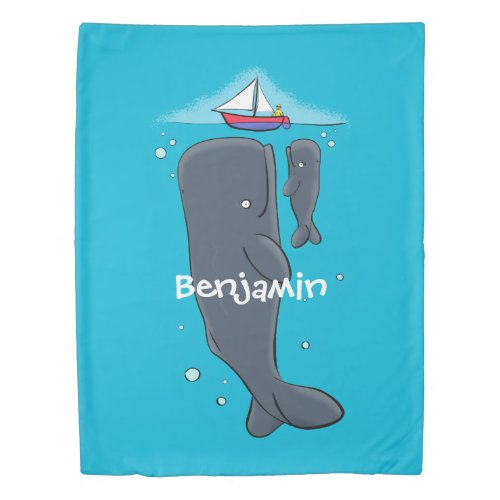 Cute whales and sailing boat cartoon illustration duvet cover