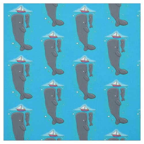 Cute whales and sailing boat cartoon illustration fabric