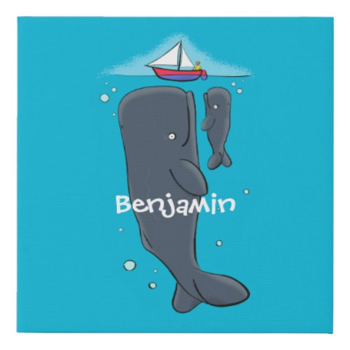 Cute whales and sailing boat cartoon illustration faux canvas print