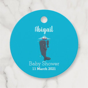 Cute whales and sailing boat cartoon illustration favor tags