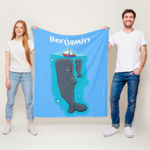 Cute whales and sailing boat cartoon illustration fleece blanket