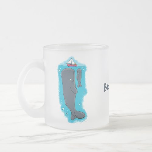 Cute whales and sailing boat cartoon illustration frosted glass coffee mug