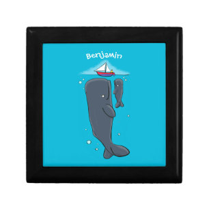 Cute whales and sailing boat cartoon illustration gift box