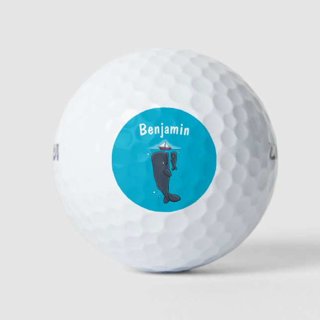 Cute whales and sailing boat cartoon illustration golf balls (Front)