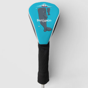 Cute whales and sailing boat cartoon illustration golf head cover