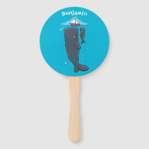 Cute whales and sailing boat cartoon illustration hand fan