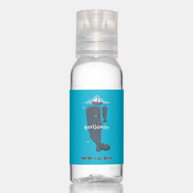 Cute whales and sailing boat cartoon illustration hand sanitizer (Front)