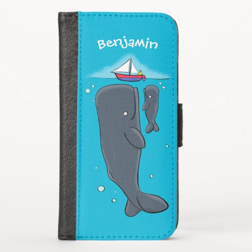 Cute whales and sailing boat cartoon illustration iPhone x wallet case