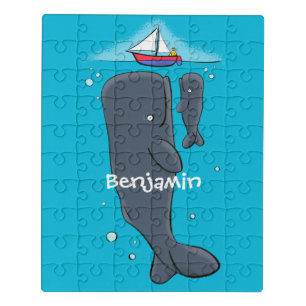 Cute whales and sailing boat cartoon illustration jigsaw puzzle