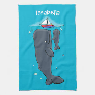 Cute whales and sailing boat cartoon illustration kitchen towel