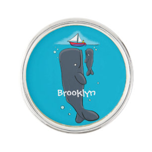 Cute whales and sailing boat cartoon illustration lapel pin