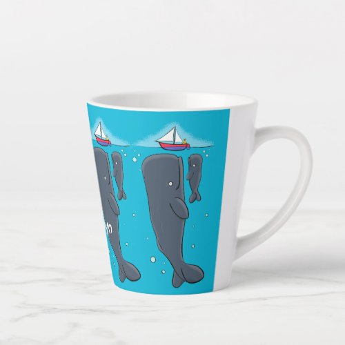 Cute whales and sailing boat cartoon illustration latte mug