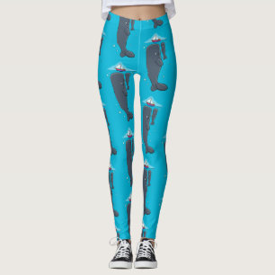 Cute whales and sailing boat cartoon illustration leggings