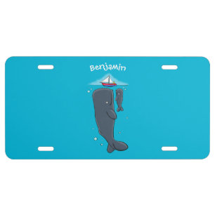 Cute whales and sailing boat cartoon illustration license plate