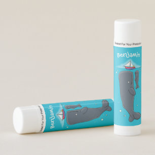 Cute whales and sailing boat cartoon illustration lip balm