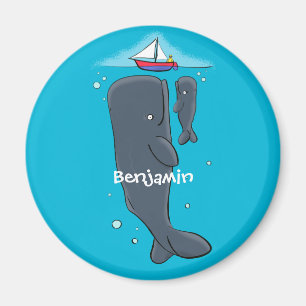 Cute whales and sailing boat cartoon illustration magnet