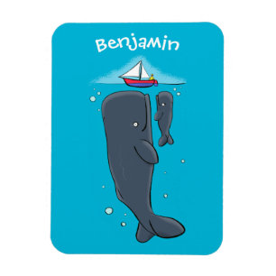 Cute whales and sailing boat cartoon illustration magnet