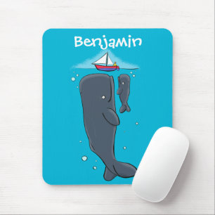 Cute whales and sailing boat cartoon illustration mouse pad