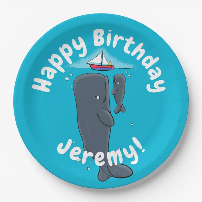 Cute whales and sailing boat cartoon illustration paper plates (Front)