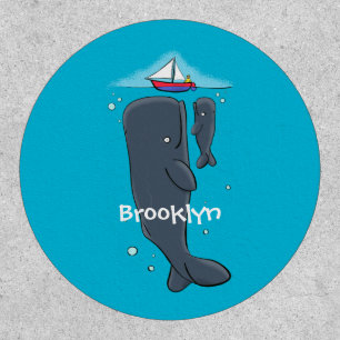 Cute whales and sailing boat cartoon illustration patch