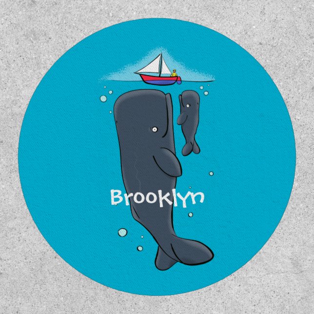 Cute whales and sailing boat cartoon illustration patch (Front)