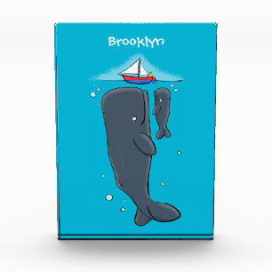 Cute whales and sailing boat cartoon illustration photo block