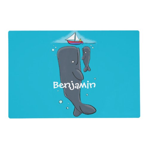 Cute whales and sailing boat cartoon illustration placemat