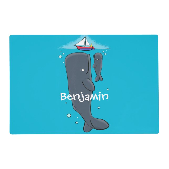 Cute whales and sailing boat cartoon illustration placemat (Front)